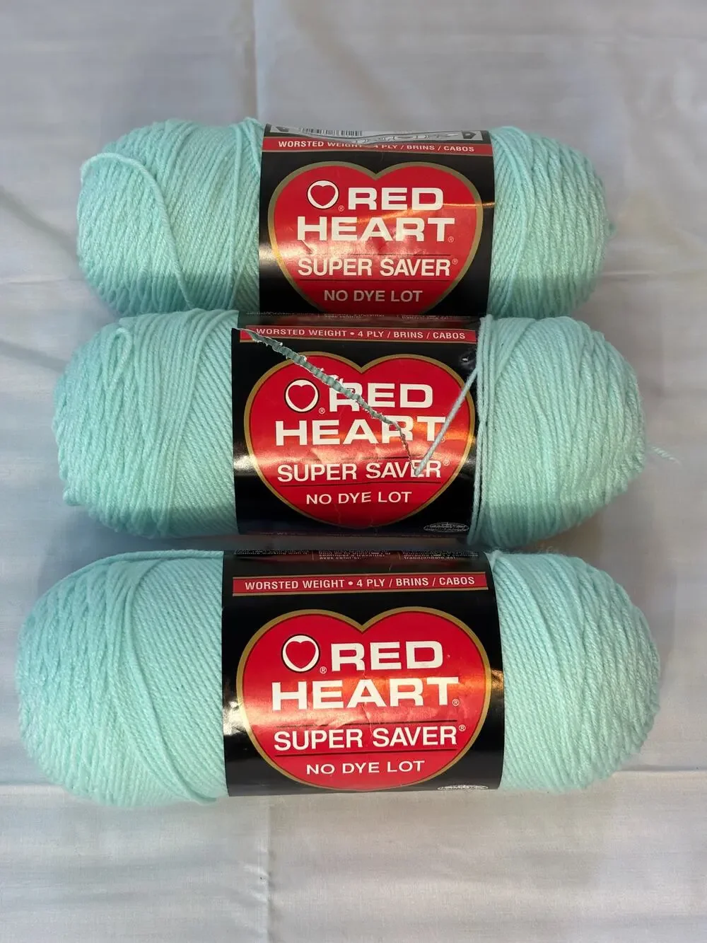 Vintage Red Heart Super Saver Pale Green Yarn Lot 3 Skeins 4-Ply Worsted